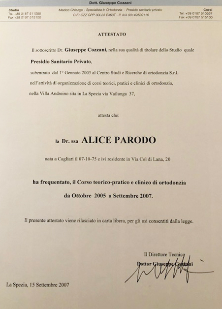 Certificato Corso Ortodonzia, Dott.ssa Alice Parodo