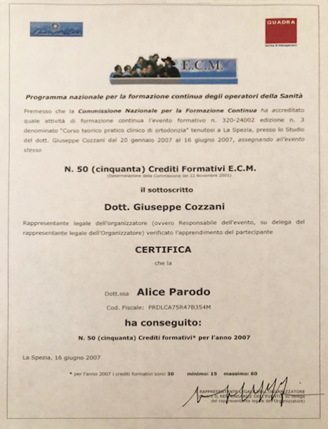 Certificato Formazione Operatori Sanità, Dott.ssa Alice Parodo