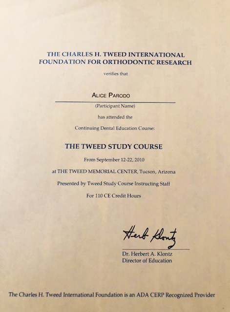 Certificato Studio Metodo Tweed, Dott.ssa Alice Parodo