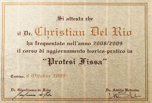 Certificato Master Protesi Fissa, Dott. Christian Delrio