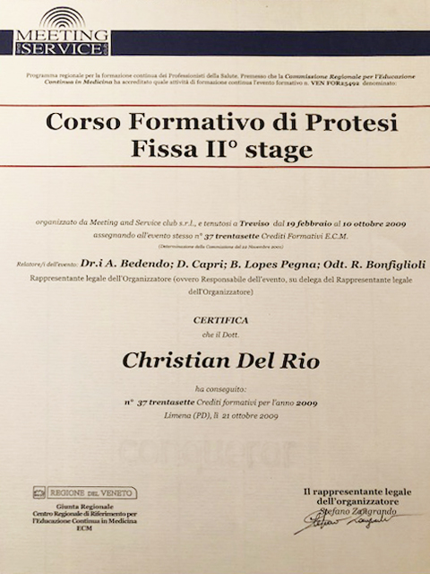 Certificato Master Protesi Fissa, Dott. Christian Delrio